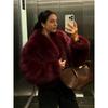 Cappotto Donna Corto in Finta Pelliccia di Volpe Collo a Sciarpa Vestibilità Larga Autunno Inverno Moda Capospalla