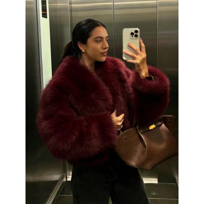 Cappotto Donna Corto in Finta Pelliccia di Volpe Collo a Sciarpa Vestibilità Larga Autunno Inverno Moda Capospalla