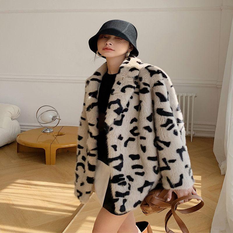 

Женское осенне-зимнее пальто из искусственного меха, женское свободное толстое пальто средней длины с леопардовым узором