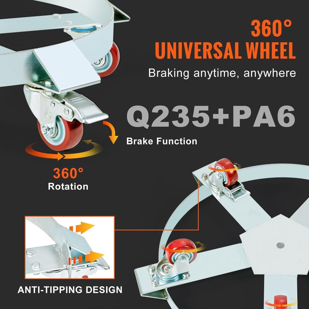 55 Gallon Heavy Duty Drum Dolly, 1250lbs Load Capacity, Barrel Dolly Cart Drum Caddy, Non Tipping Hand Truck Capacity Dollies with Steel Frame 5