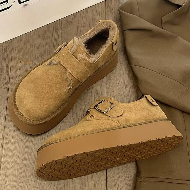 Semsket pels Plattform Dame Ankel Snøstøvler Flats Loafers Merke Plysj Varm Bomull Mellomhæler Sko Trend Mote Koselige Sko Botas Mujer