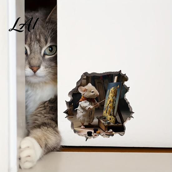 Cute Animal Wall Decor Christmas Mouse Break‑Through Decals 3D Hole Self‑Adhesive Removable PVC Art Stickers DIY for Living Room Entryway