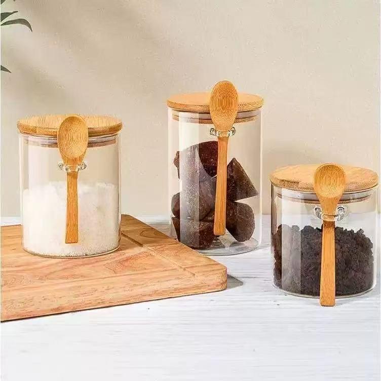 Sealed Glass Storage Jar with Wooden Spoon and Lid - Moisture-Proof Container 6.5*10cm (250ml) with Wooden Spoon and Lid