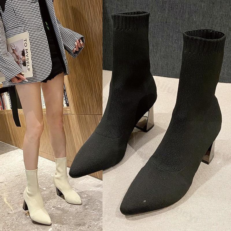 Women's Stretch Boots 2026 New Autumn Knitted High Heel Socks Boots Women Pointed Toe Fashion Boots Women Shoes Botas Mujer