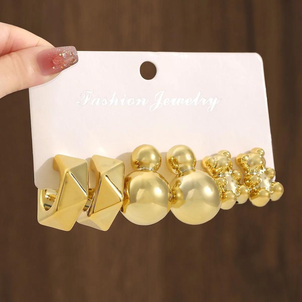 6Pcs/Set Fashion Gold Color Heart Bear Drop Earrings for Women Simple Twisted Metal C-Shape Earrings Elegant Jewelry Gifts