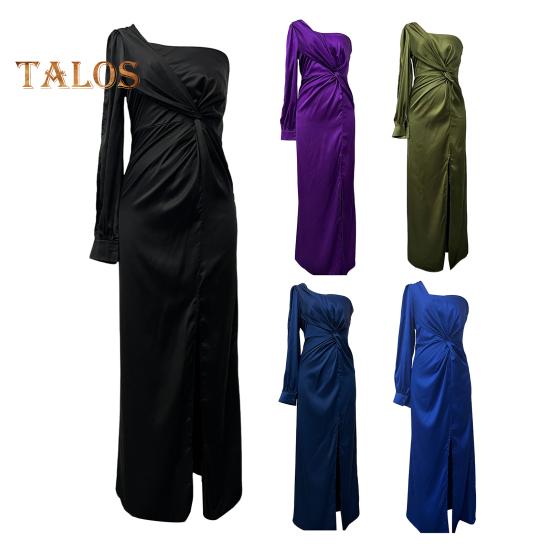 Lady Evening Dress One Shoulder Sleeveless Split Hem Solid Color Slim Waist Pleated Solid Color Off Shoulder Prom Cocktail Party Maxi Dress Ball Gown