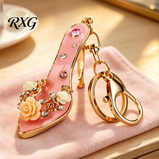 Car Key Holder Rhinestone Rose High Heel Keychain, Sparkling High-Heeled Shoes Ring, Purse Charm Bag Backpack Hanging Decor Charm, Gift for Women