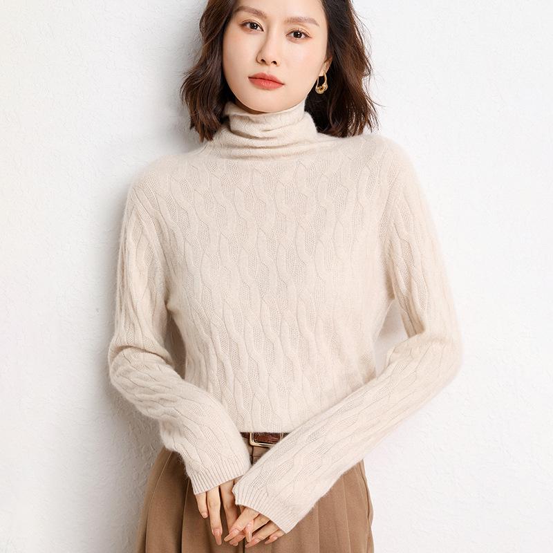Women's Loose Fit Cashmere Cable Knit High Neck Sweater - Autumn & Winter.