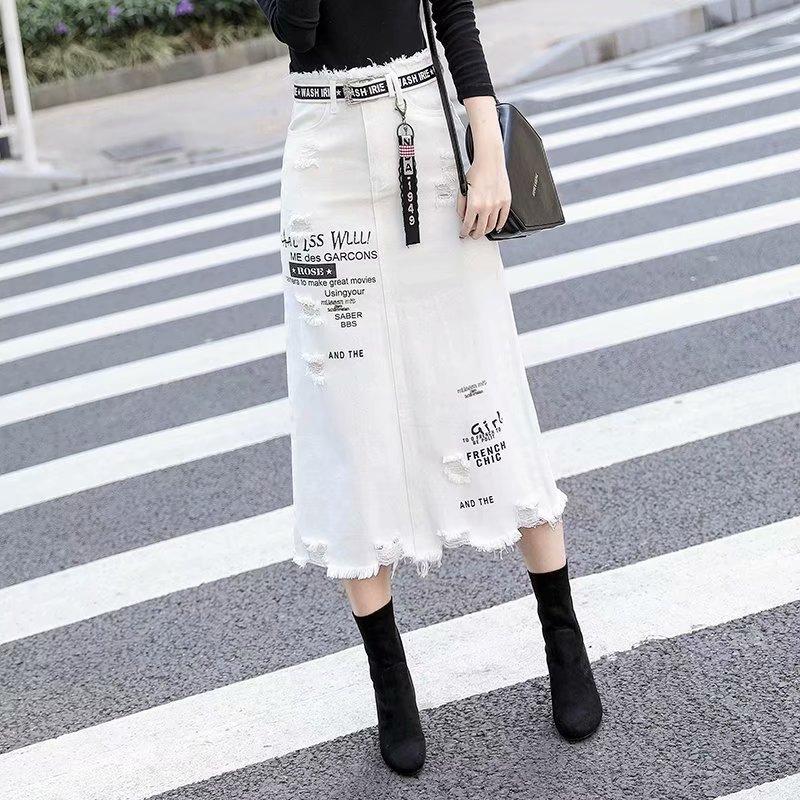 Women's Summer Denim Skirt Hole Breaking Vintage Half-body Skirt Large Size Casual Skirt Office Skirt