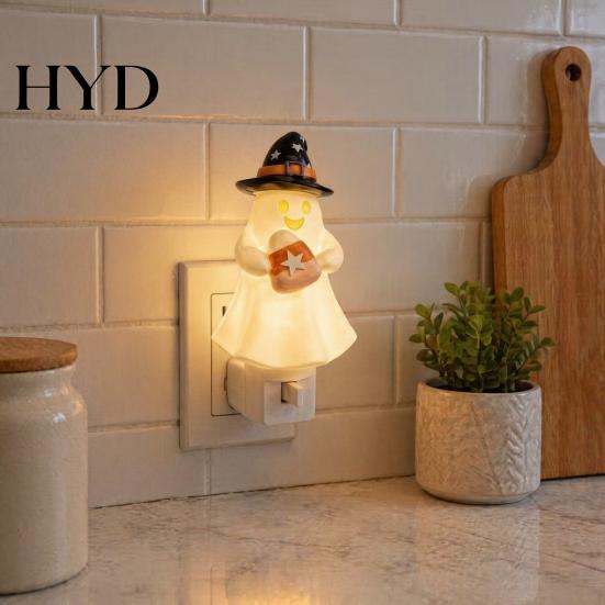 Festive Accent Light Halloween Pumpkin Ghost Night with Witch Hat, Resin Soft Glow Gift for Plug-in LED Bedroom Light, Spooky Wall Sconce Party Home