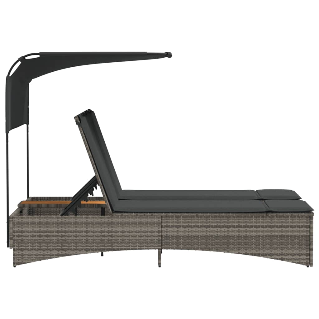 Vidaxl Double Sun Lounger with Canopy and Cushions, Grey, Rattan