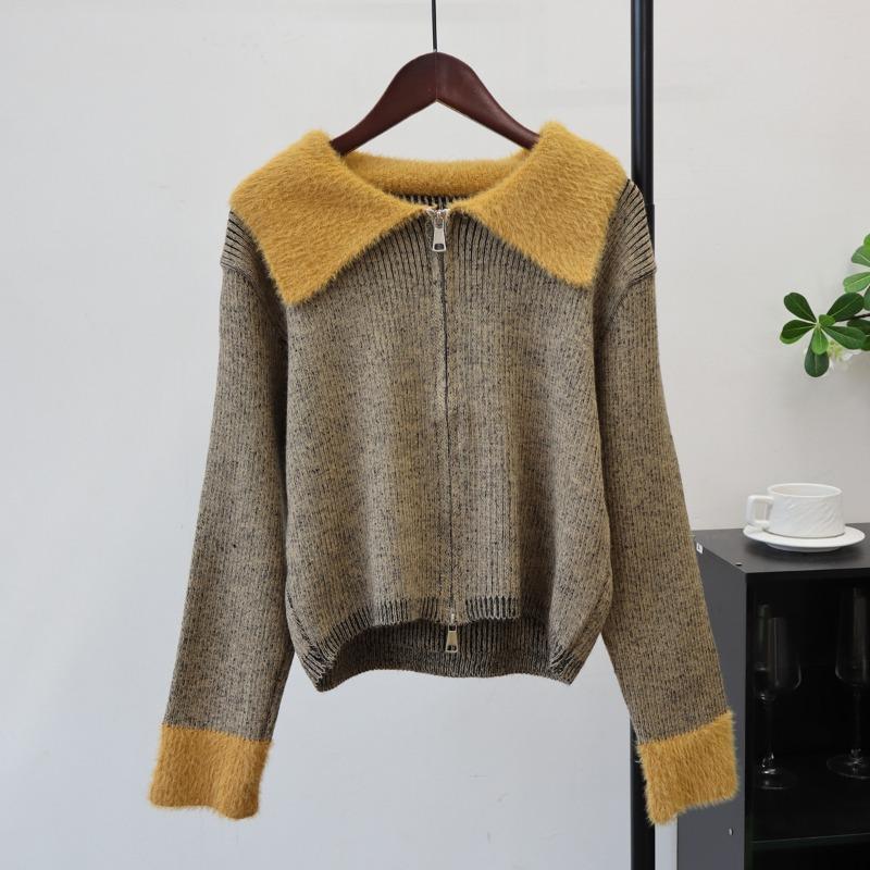Autumn and Winter New Splicing Imitation Mink Velvet Knitted Cardigan Zipper Short Design Soft Waxy Sweater Jacket Women