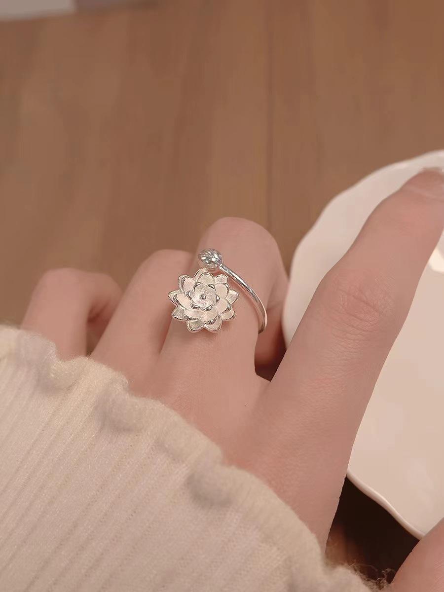 Lotus Pure Adjustable Flower Ring - Elegant Chinese Style for Girls