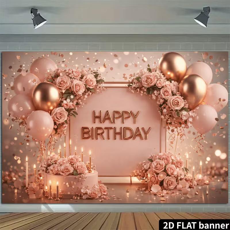 2D Elegant Rose Gold Birthday Backdrop Banner Blush Pink Floral Happy Birthday Party Decor Background