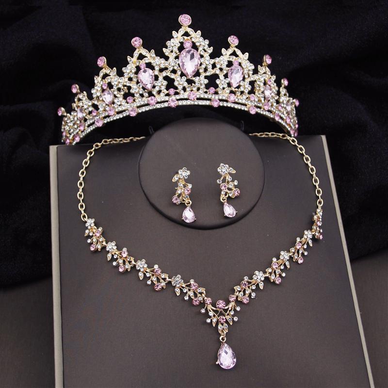 Barock Silberfarben Brautschmuck-Sets Krone Ohrringe Halsband Halskette Set für Frauen Hochzeitskleid Tiaras Brautschmuck-Set