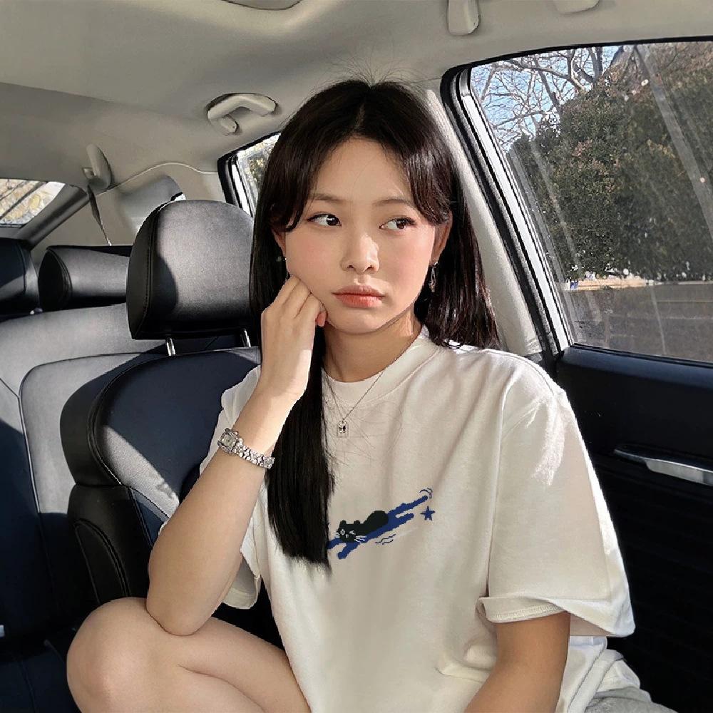 Pure Cotton Summer American Retro Front Shoulder Short-sleeved T-shirt Women's New Design Sense Niche Cartoon Half-sleeved T-shirt