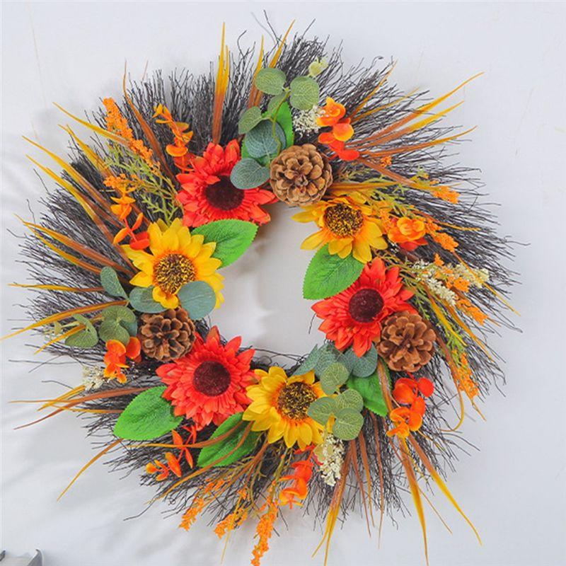 Good-Pine Cone Sunflower Wreath Fall Decor Wreath Outdoor Wreath Wreaths For Front Door For Porch Farmhouse Home Decor 40Cm