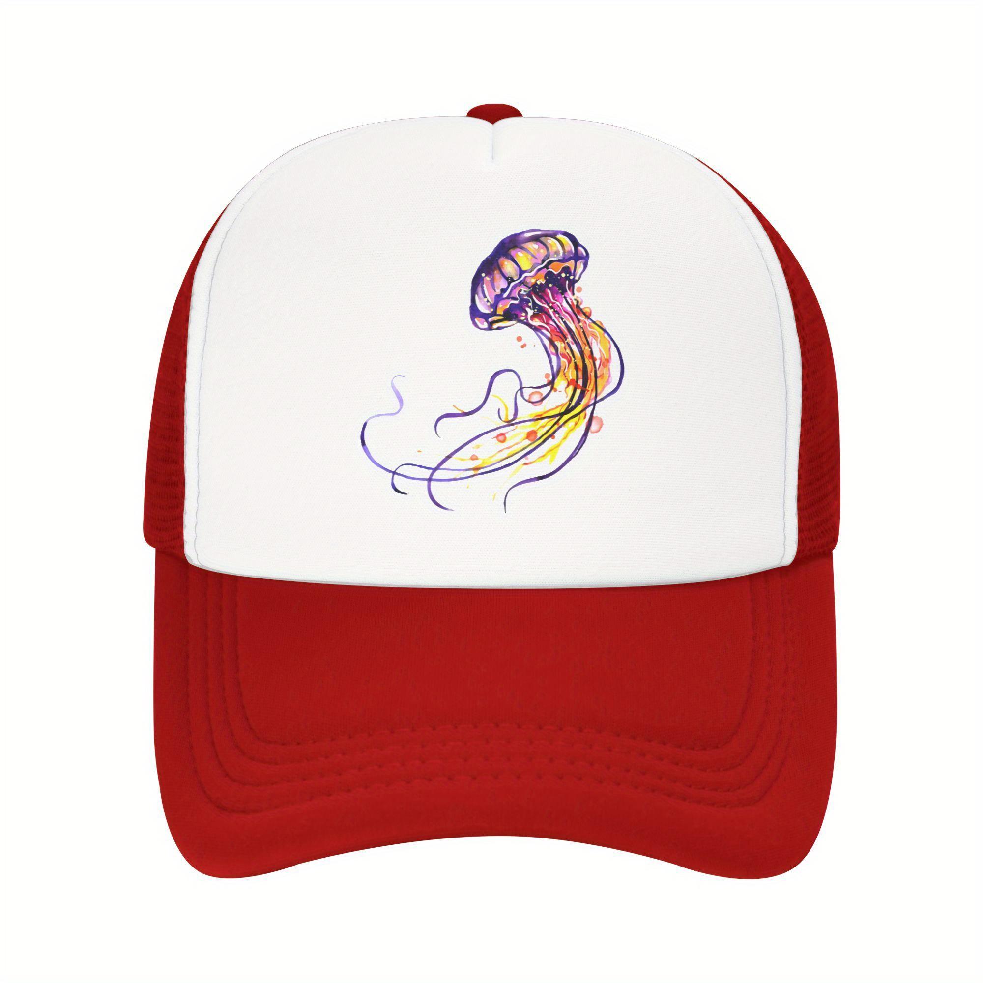 Jellyfish Watercolor Print Trucker Hat Breathable Mesh Adjustable Baseball Cap Casual Outdoor Sports One Size