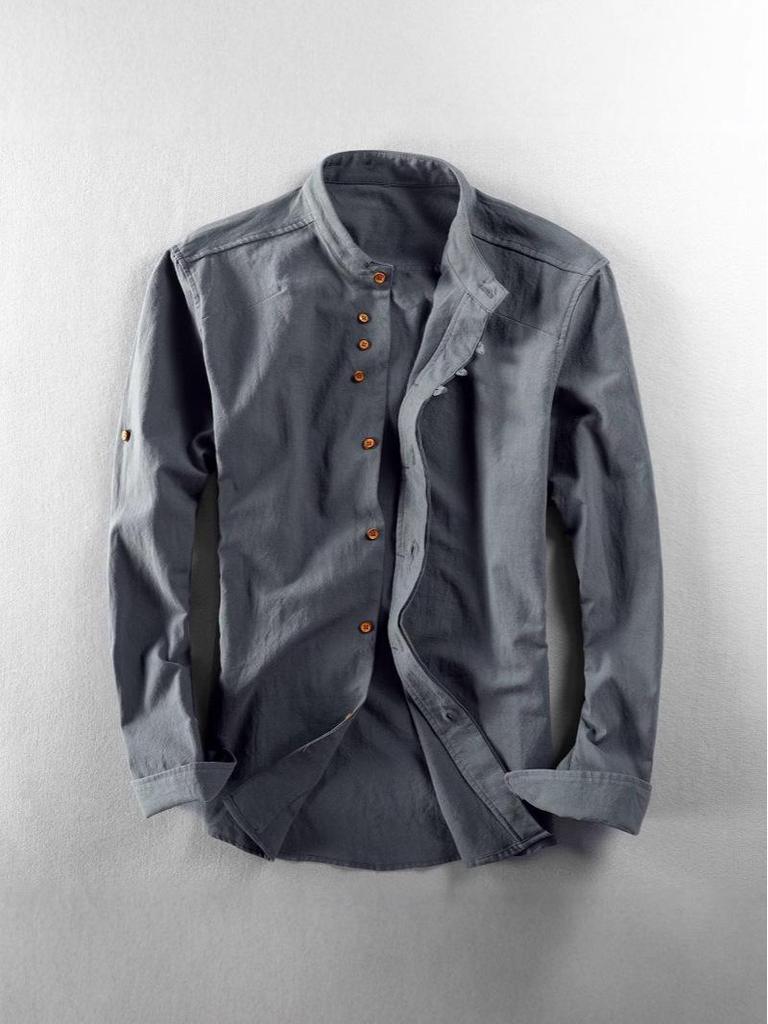 Chemise à col montant à manches longues boutonnée pour homme, style chinois, pour le printemps et l'automne