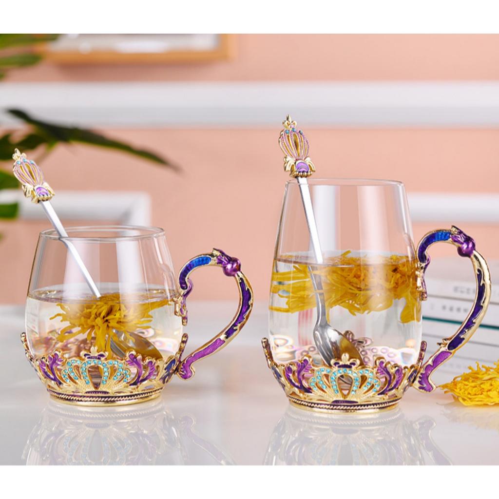 Handmade Enamel Butterfly Flower Glass Coffee Mugs Tea Cup with Spoon,Birthday Christmas Gifts for Her Women Mum Friends Teacher Valentines