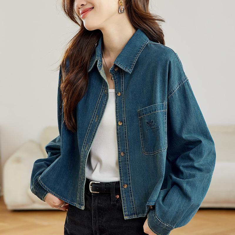 Old Vintage Style Denim Blouse for Women Long-sleeved Spring and Autumn Clothes Updated Small One Layered Top