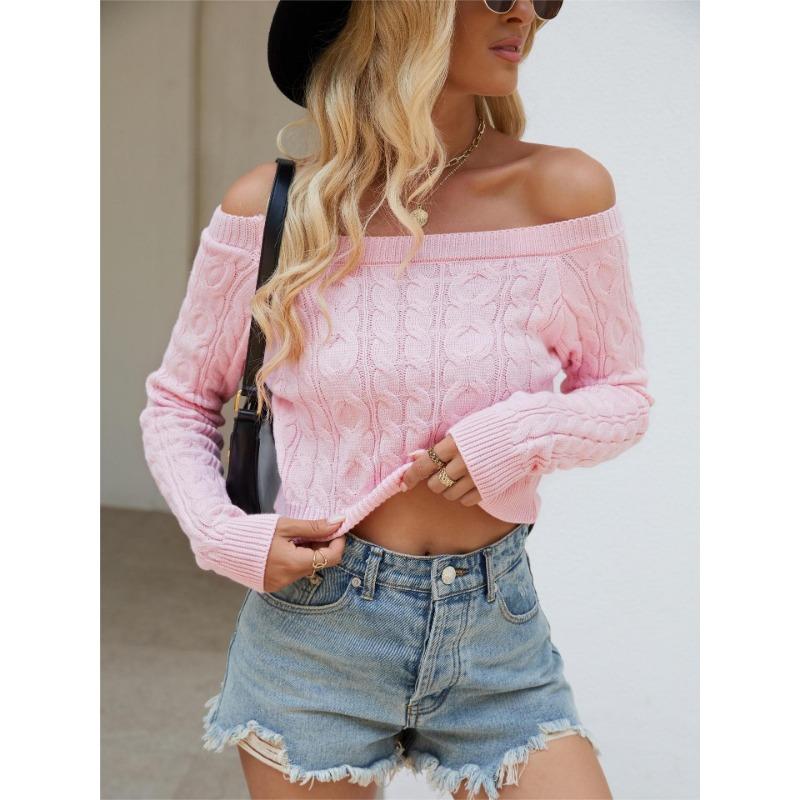 Women's Autumn and Winter Knitted Navel Short One-line Collar Slim Sweet Jumper