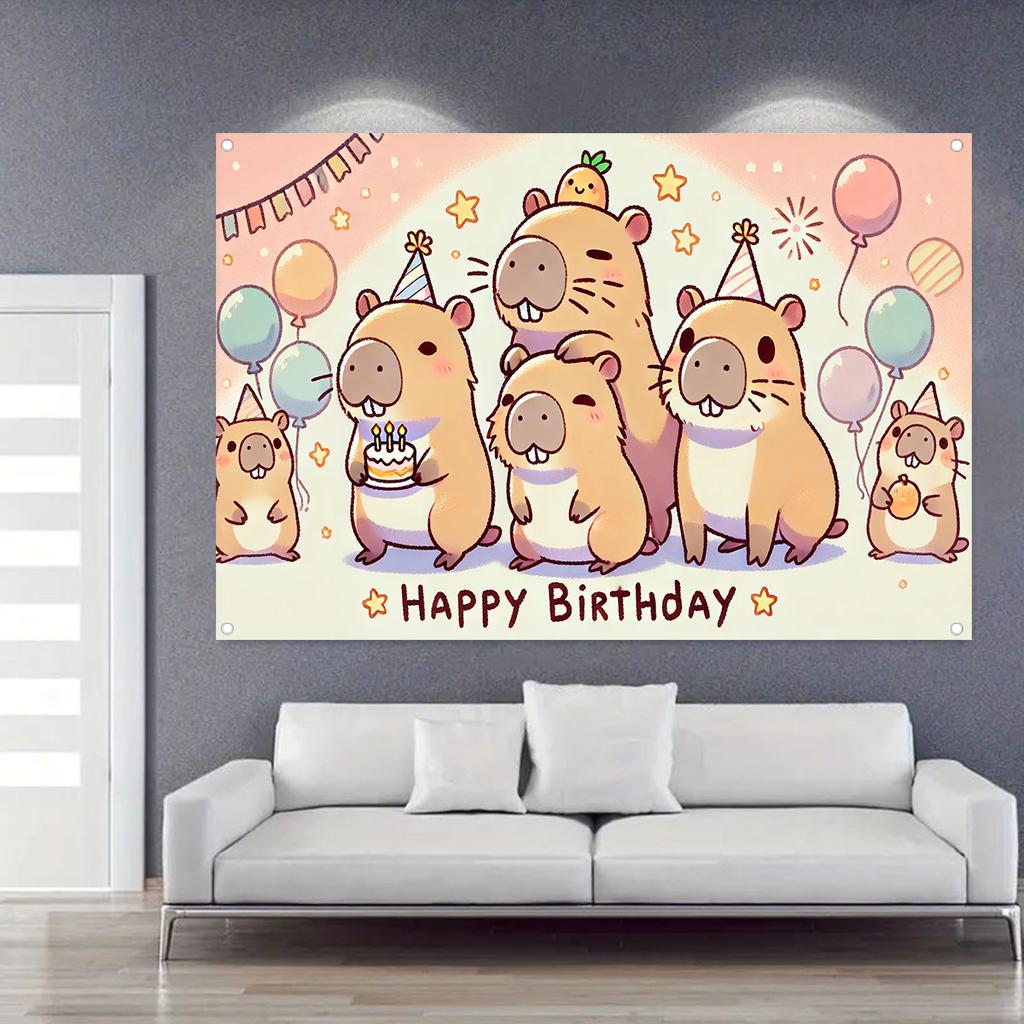 Stendardo di compleanno colorato con capibara in poliestere, sfondo allegro con capibara, decorazione per feste