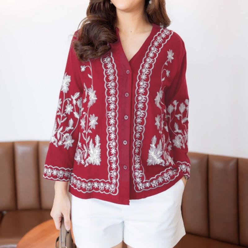 

ZANZEA Этнический принт Повседневная блузка с V-образным вырезом и длинным рукавом для женщин 2XL вино красного