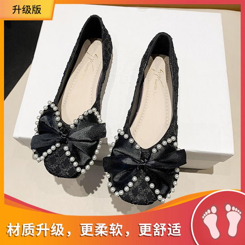 

Single shoes women s new spring pearl square head soft sole gentle flat bottom shallow mouth shoes 40