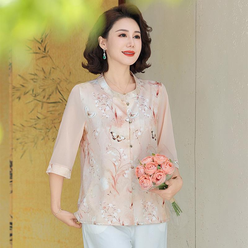 

2026 Chinese Style Summer Short-Sleeved Shirts for Middle-Aged & Elderly Women 4XL (recommended 130-145 jin) рожевий