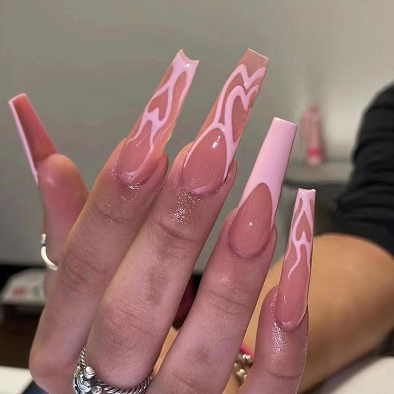 24Pcs Simple French Press On Nails Long Square Sweet Cute Fake Nails With Glitter Diamond Stick On Nail