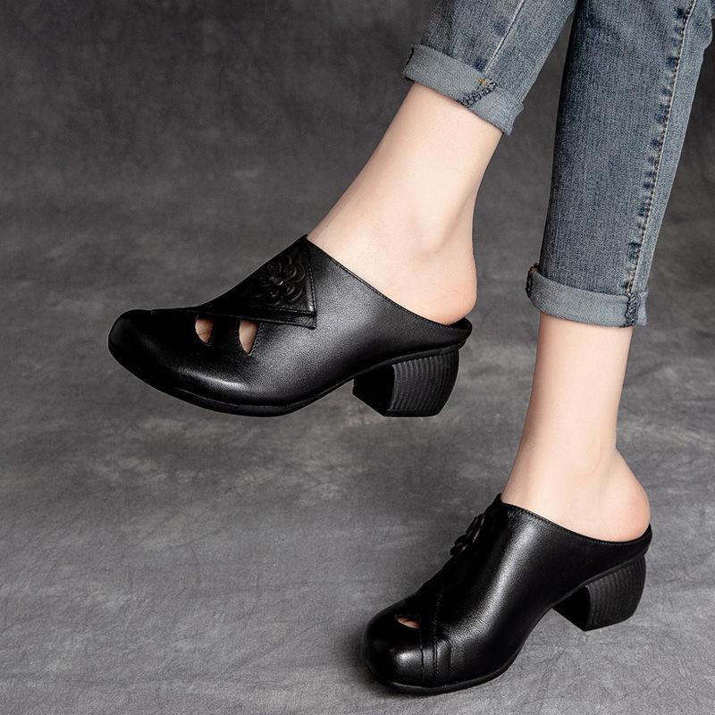 Fashion New Retro Women Slippers Soft Shoes Close Toe High Heels Slides Black Mules Flip Flops for Summer Medium Heel Slides