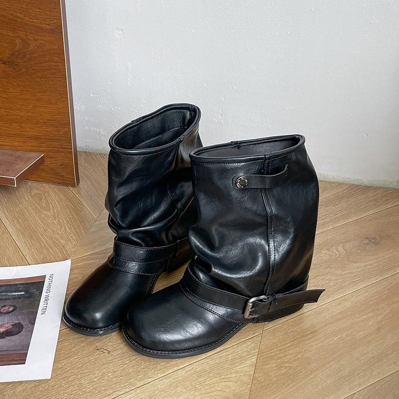 New Fashion Women's Pants Tube Cowboy Boots Autumn Pile Pleated Black Vintage Western Martin Boots Thick Heel