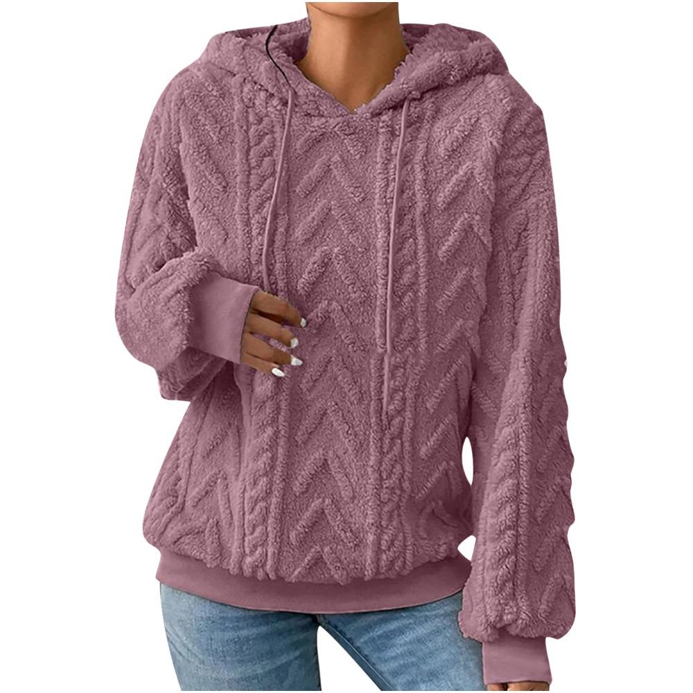 Felpa con cappuccio in pile accogliente da donna, calda, larga, maniche lunghe, tinta unita grigio, pullover casual, pullover invernale casual con cappuccio