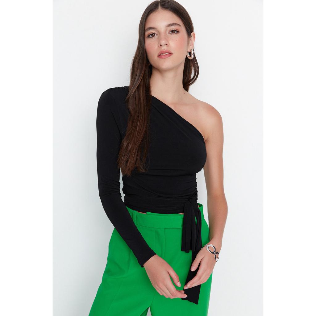 Claret Red Slim Tie Detailed Single Sleeve Crop Stretchy Knitted Blouse Twoaw23bz00094