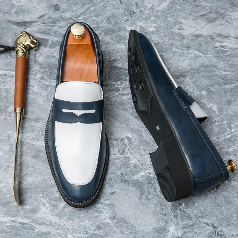 Large Size 2025 Spring Black and White Color Matching Leather Shoes Men's One-pedal Loafers British Business Casual Men's Shoes