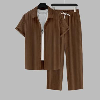 2 Piezas/Set Atuendo Casual para Hombre Solapa Manga Corta Botonadura Única Cintura Elástica Largo