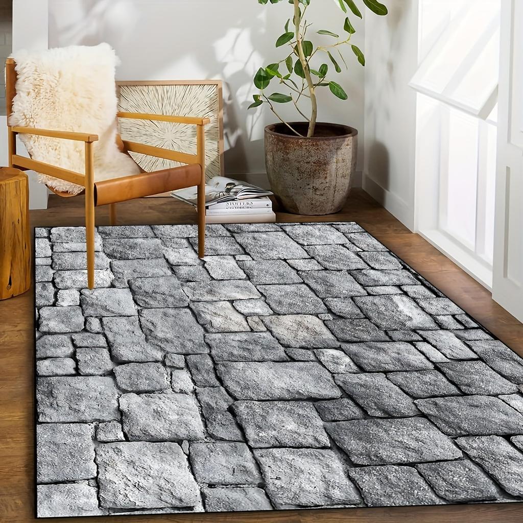 Stone Brick Pattern Rug - Non-Slip Washable Polyester Mat, Indoor/Outdoor Rectangular Pad for Entryway, Bedroom, Living Room