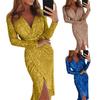 Evening Party Sexy Women Sequined V Neck Long Sleeve Split Midi Pencil Dress