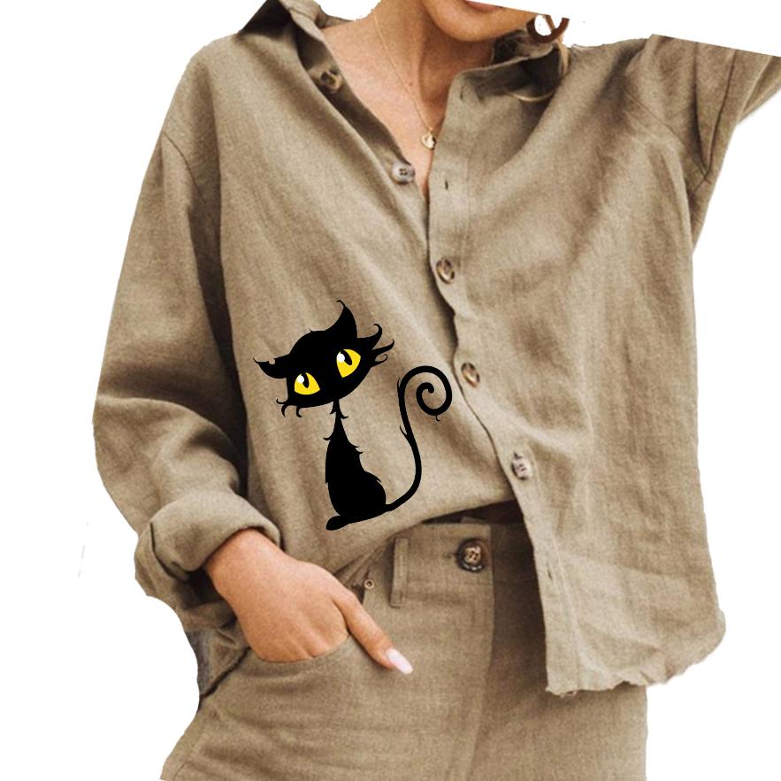 

Женская мода хлопок льняная рубашка повседневная кошачий принт блузка женская отложной воротник рубашка на пуговицах 2XL хаки