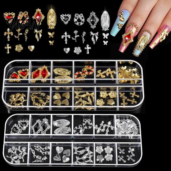 Metal Nail Charms 1 Set 3D Art 12 Grids Love Heart Charm Kit Flower Butterfly DIY Design Crafting Manicure Decoration Accessories Embellishments