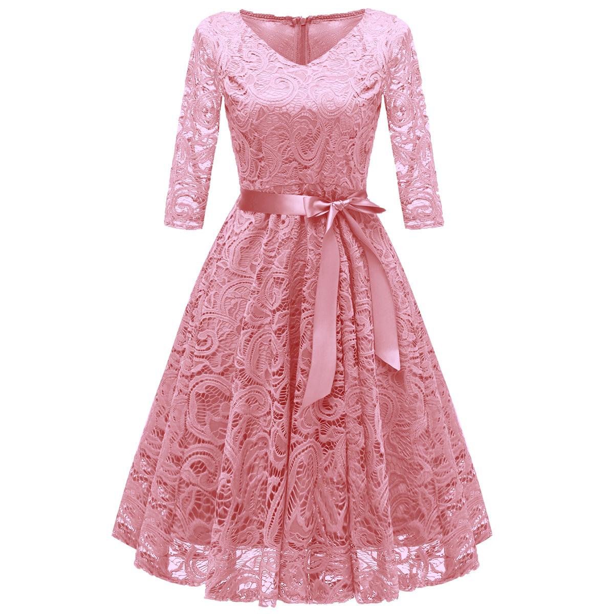

Женское винтажное кружевное платье с цветочным принтом и рукавом 3/4, платье подружки невесты с лентой и поясом, чайное миди, вечерние, коктейльные, вечерние наряды, повседневная одежда M розовый