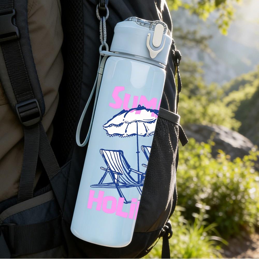 1PC Summer Holiday Pastel Letter Print 750ml Color Plastic Sports Water Bottle Leakproof Flip Straw Lid Suitable for Sports Office Home Use