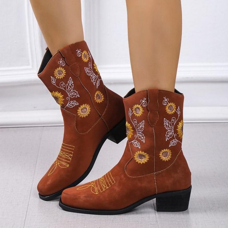 Modne zimowe buty damskie Modne buty outdoorowe Wygodne buty do chodzenia Haftowane brązowe skórzane buty Głębokie wysokie cholewki Damskie buty casualowe Botas