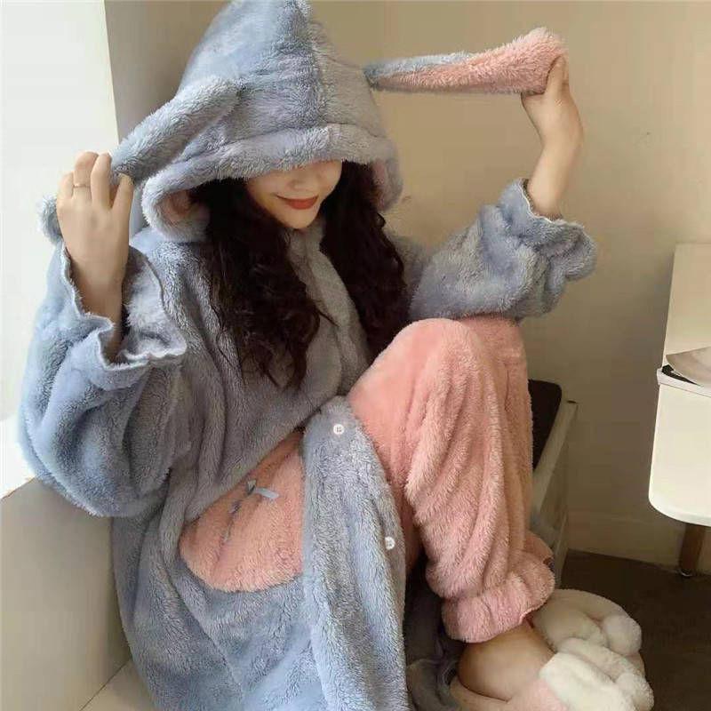 Kawaii Roben-Sets für Damen, schlicht, schick, süß, mit Kapuze, Ins, Taschen, weicher Flanell, gemütlich, dick, neueste Homewear, 2 Brustpartien