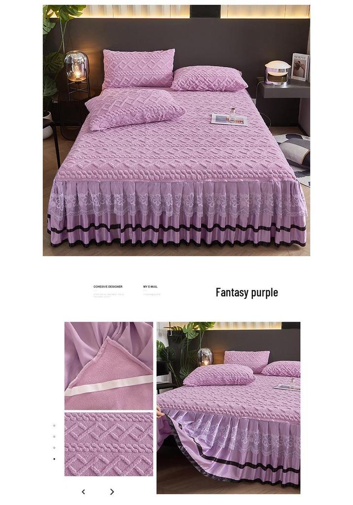 Thickened Taffeta Bed Skirt Set: Korean Style Lace Bedspread & Mattress Cover (3-Piece, Solid Color)