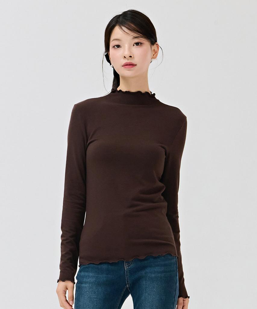 CHASECULT Women'S Frill Mock Neck Fleece T-Shirt - Brown