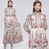 Robe de plage florale magnifique pour les vacances Printemps Été 2026 pour femmes Manches lanterne à col montant Boutonnage simple Ceintures Robe ample en mousseline