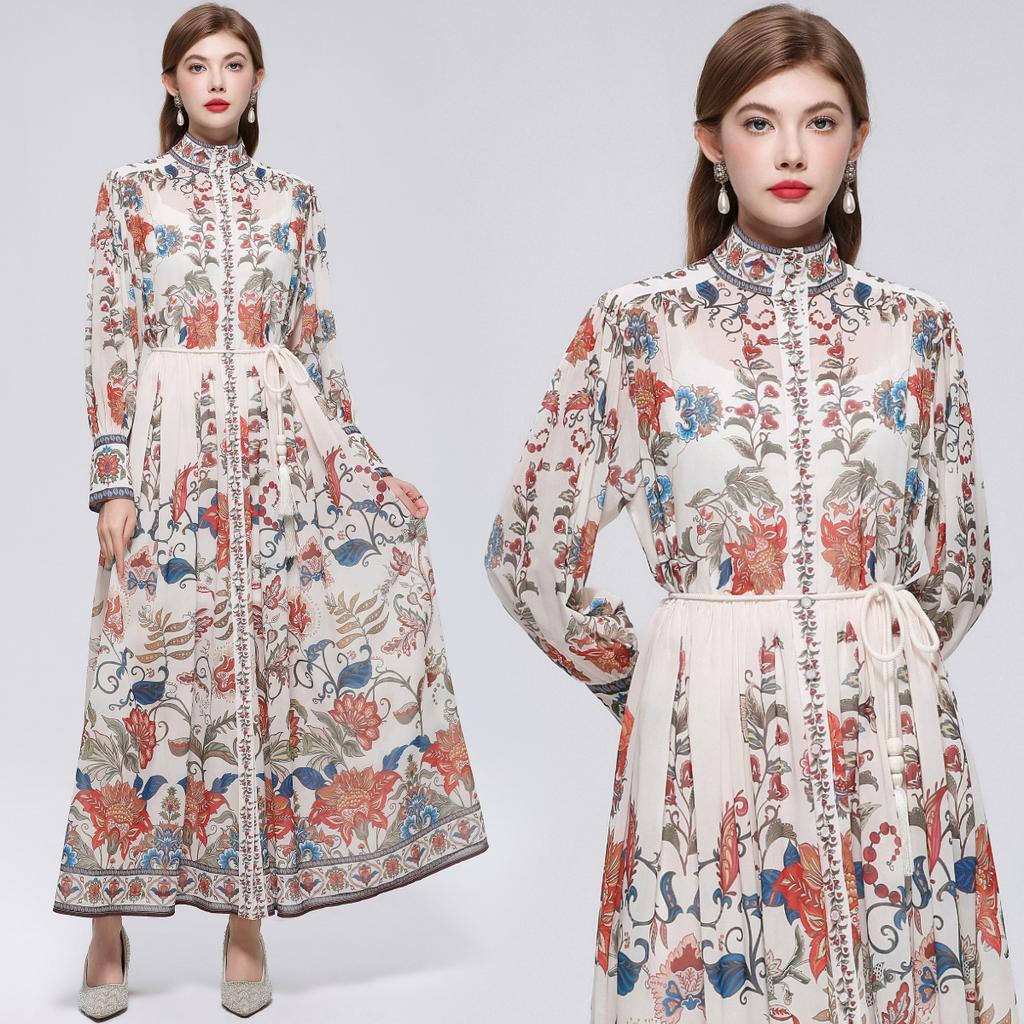 Robe de plage florale magnifique pour les vacances Printemps Été 2026 pour femmes Manches lanterne à col montant Boutonnage simple Ceintures Robe ample en mousseline
