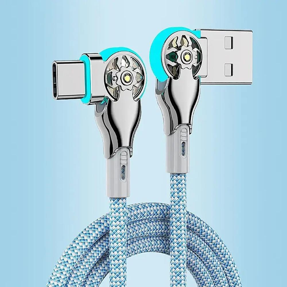 

180 Degree Elbow Rotation Fast Charging Cable USB A to Type C Cable with Light Zinc Alloy Braided Data Cable USB Micro Charger 0.3m синій